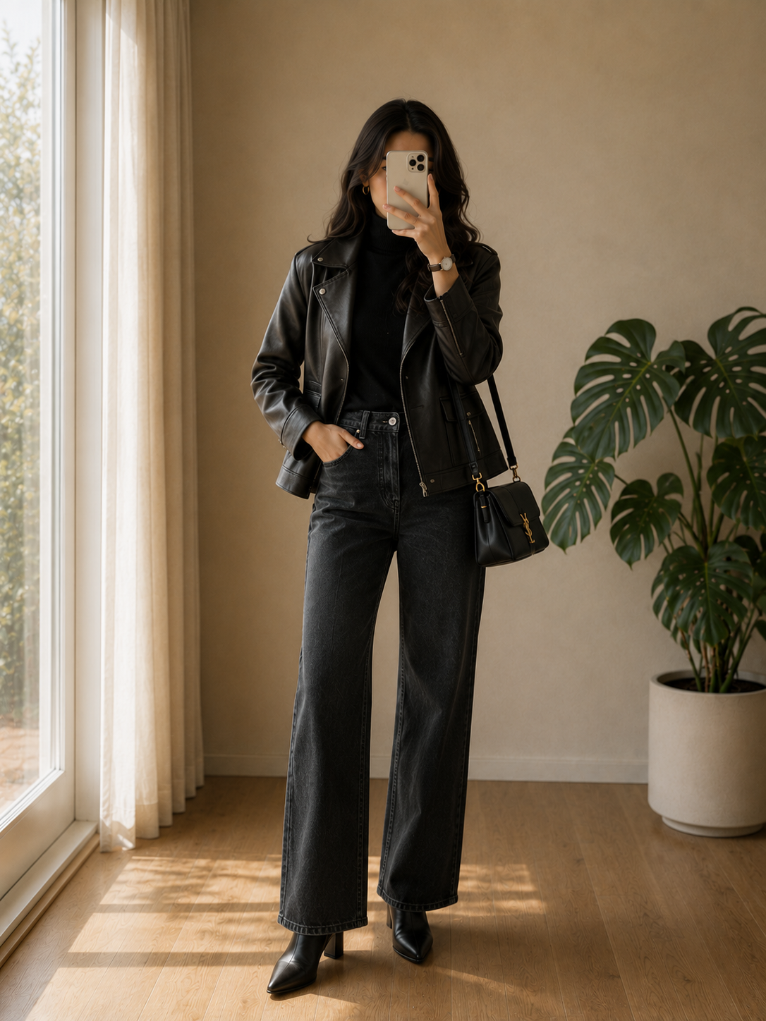 Chic Fall Outfit Ideas
Black leather jacket paired with a black turtleneck and dark denim