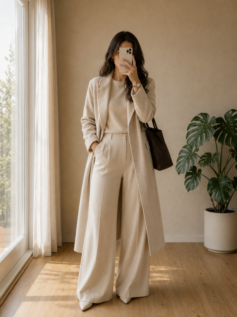 Chic Fall Outfit Ideas
Monochrome knit set with a long wool coat for autumn
