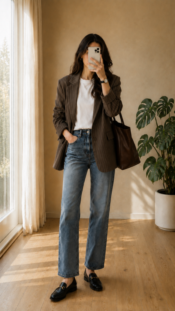Chic Fall Outfit Ideas
Woman wearing an oversized blazer with straight-leg jeans for fall