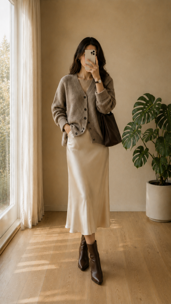 Chic Fall Outfit Ideas
Chunky cardigan styled with a satin midi skirt and ankle boots