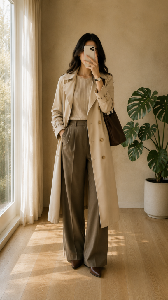 Chic Fall Outfit Ideas
Beige trench coat layered over a knit sweater and wide-leg trousers